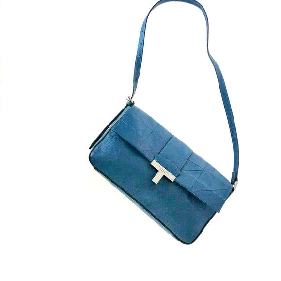 T Tahari Teal Frida Leather Shoulder Bag Baguette Blue - Picture 3 of 8